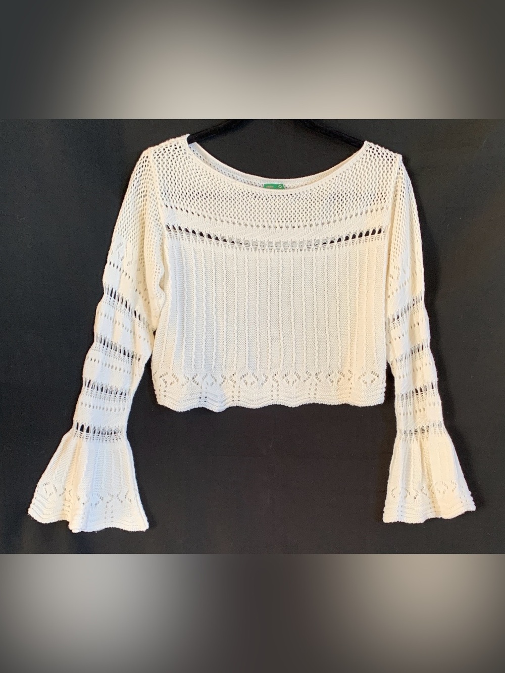 FARM RIO open crochet crop top with flared long sleeves white -size M